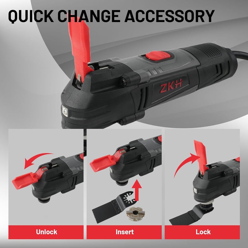 ZKH Store Oscillating Tool, 3.2 Amp Oscillating Saw, 3.5° Oscillation Angle, 10,000 to 22,000 OPM Oscillating Multi Tool with Tool-Free Blade Change, 26PS Accessories,10 ft Cord, Tool Bag for Sanding - Image 4